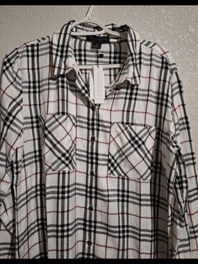 Simple Sanctuary White Plaid Button-Down Shirt with Black and Red Stripes